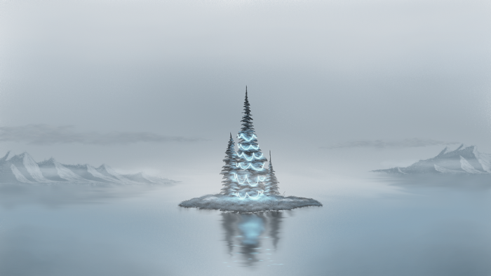 Island with glowing Christmas trees in water