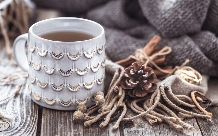 Cup of Tea with Autumn Decorations