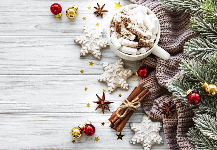 Hot Chocolate with Marshmallows and Christmas Decorations