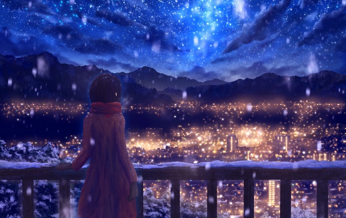 Girl watching snowy city at night under starry sky