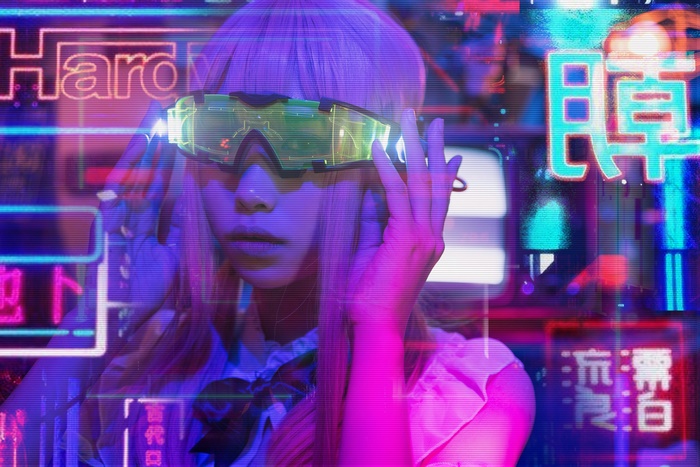 Woman with purple hair wearing futuristic glasses in cyberpunk setting
