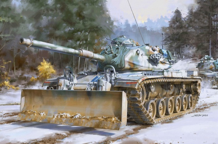 M60 Patton tank with dozer blade in snow
