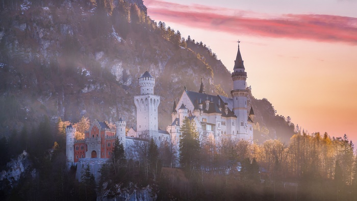 Neuschwanstein Castle in Germany at sunset