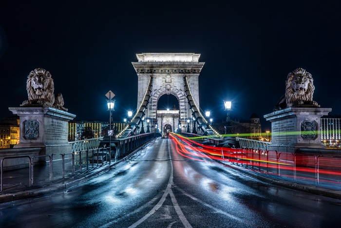 Chain Bridge at Night with Light Trails in Budapest