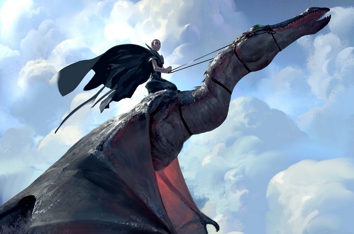Woman riding a dragon through the clouds