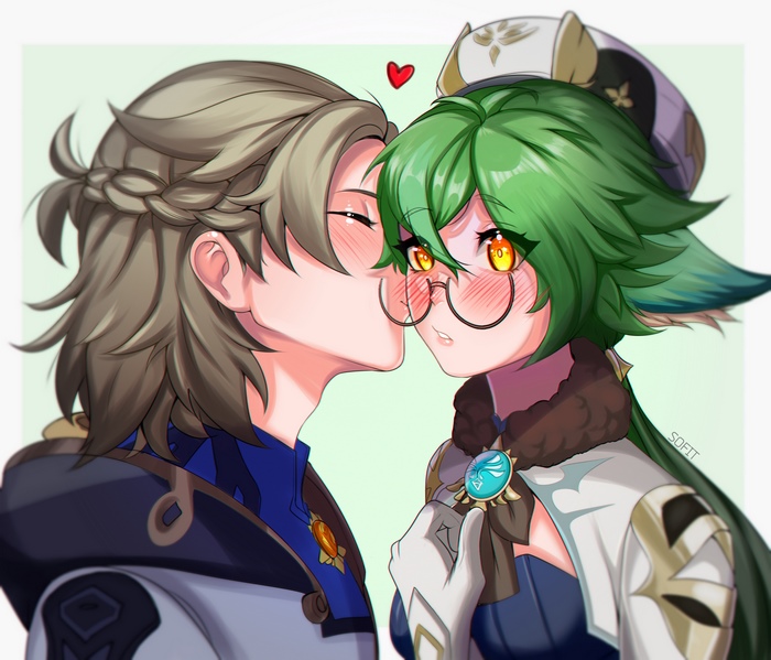 Albedo and Sucrose from Genshin Impact sharing a kiss