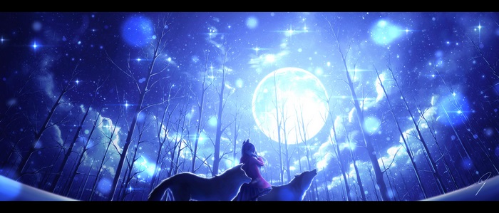 Girl with wolves under a full moon in a forest
