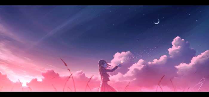 Anime girl blowing dandelion seeds under a twilight sky