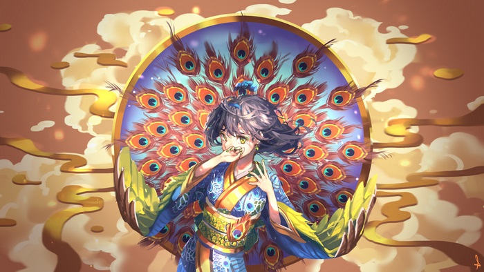 Anime Girl in a Peacock Kimono
