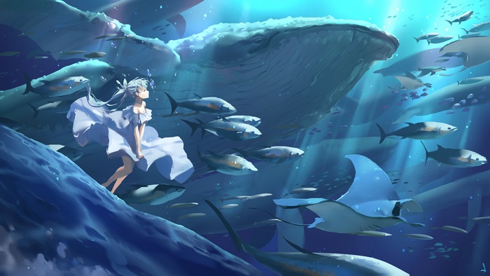 Anime girl underwater with whales and fish