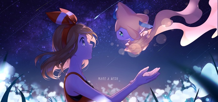 May from Pokémon with Jirachi under starry sky