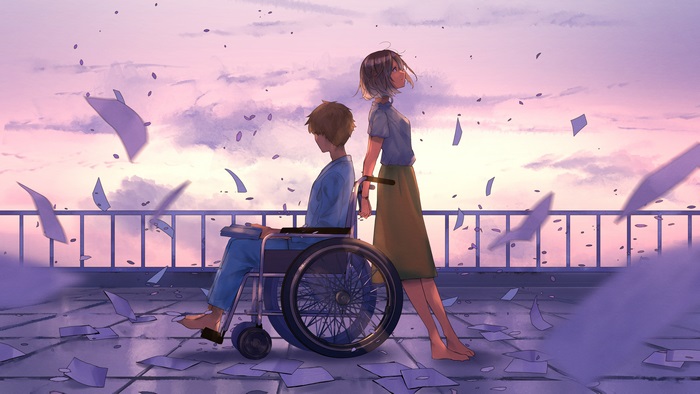 Anime couple in wheelchair at sunset 4K