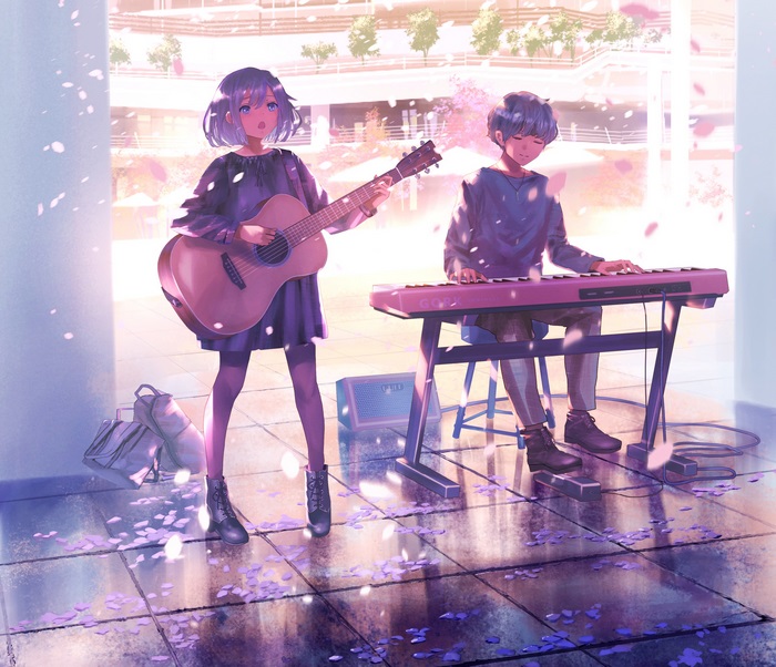 Anime girl plays guitar, boy plays keyboard