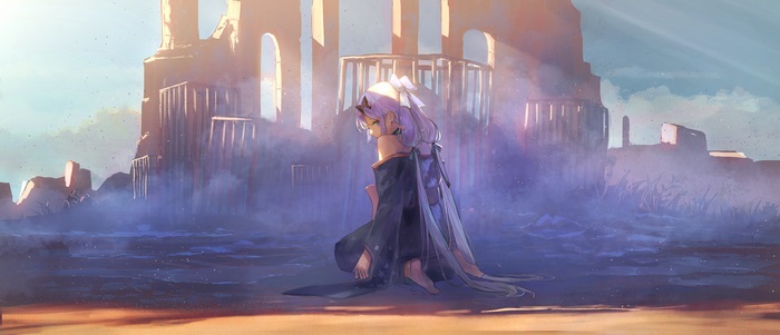 Sakura Ritsuki kneeling in ruins