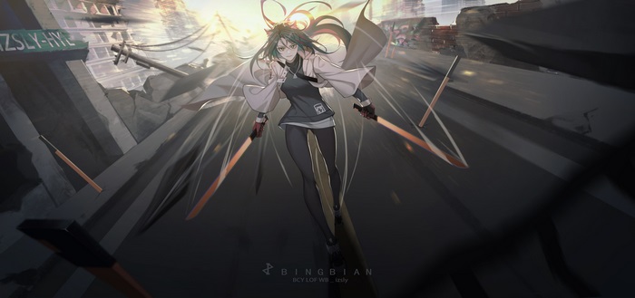 Texas from Arknights in a ruined city