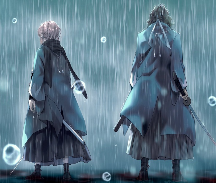 Oda Nobukatsu and Okita Sōji from Fate/Grand Order in the rain