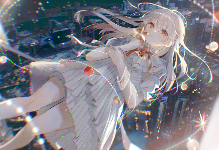 Girl with white hair and red eyes in a white dress