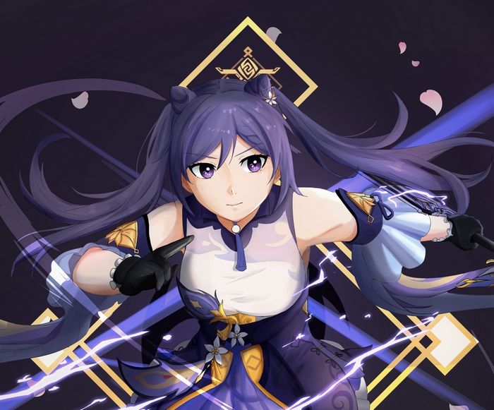 Keqing from Genshin Impact with lightning effects