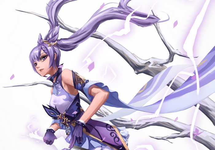 Keqing from Genshin Impact with purple hair and eyes