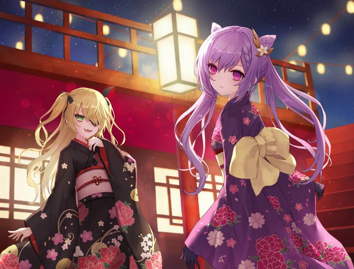 Fischl and Keqing from Genshin Impact in Kimonos