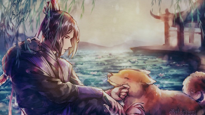Jiang Cheng from Mo Dao Zu Shi with a dog