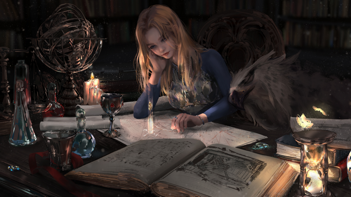 Girl studying with an owl-like creature in a library
