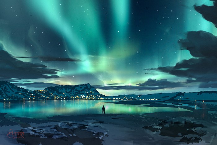 Person watching Aurora Borealis over a lake and town