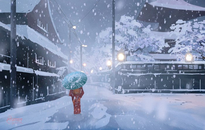 Woman with Umbrella Walking in Snow at Night
