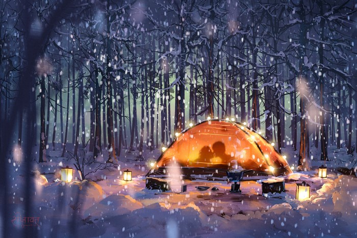 Couple silhouetted in a tent in a snowy forest