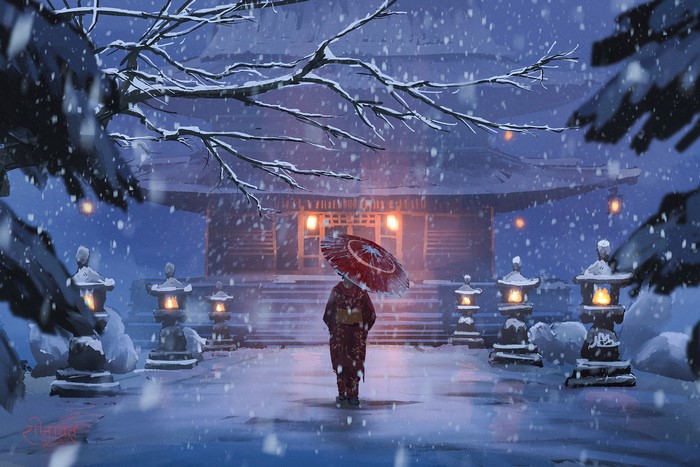 Visiting a Japanese Temple on a Snowy Evening