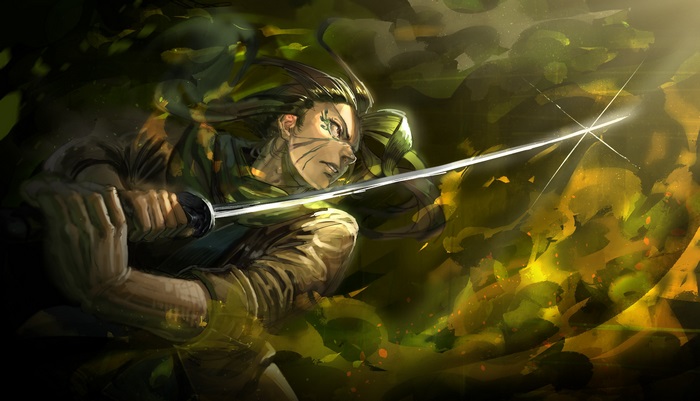 Anime warrior with sword in forest 4K