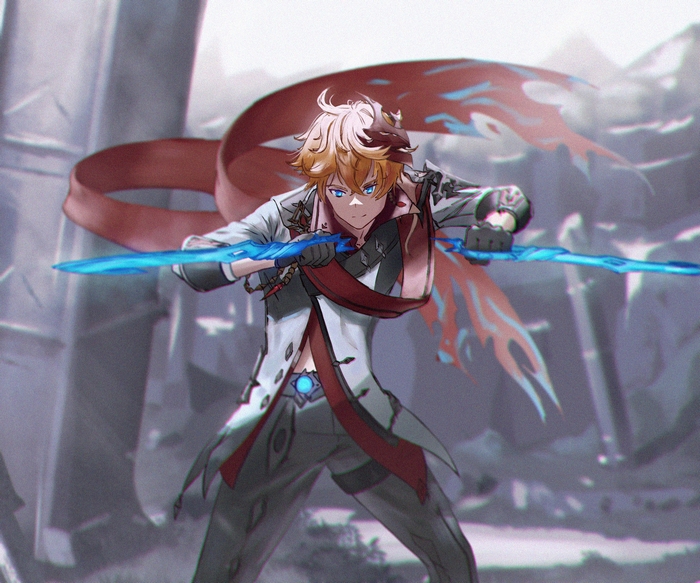 Tartaglia Childe from Genshin Impact with blue swords