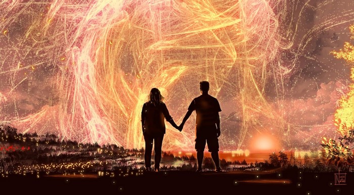 Couple holding hands watching fireworks over a city