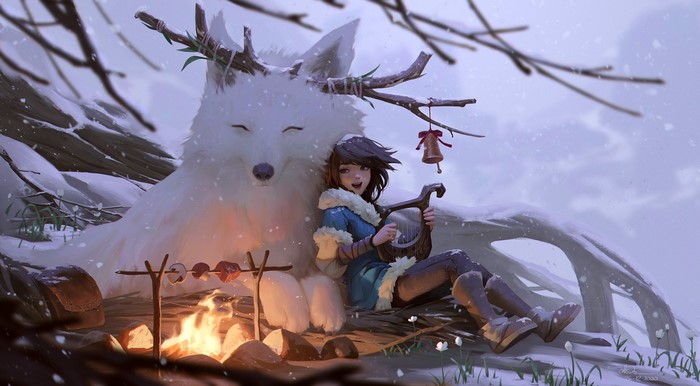 Girl playing lyre with a large white wolf in winter