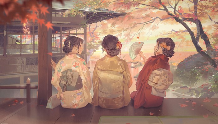 Three women in kimonos admire autumn foliage
