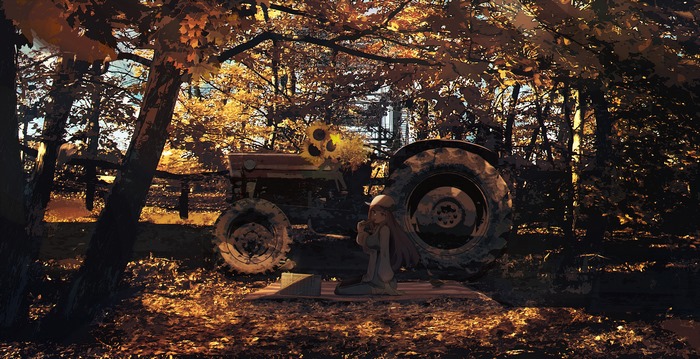 Girl sitting by a tractor with sunflowers in autumn