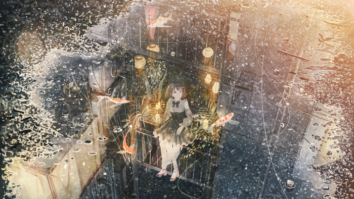Girl and Koi fish in a rainy city at night