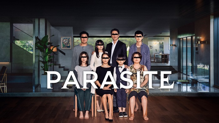 Parasite movie poster with family