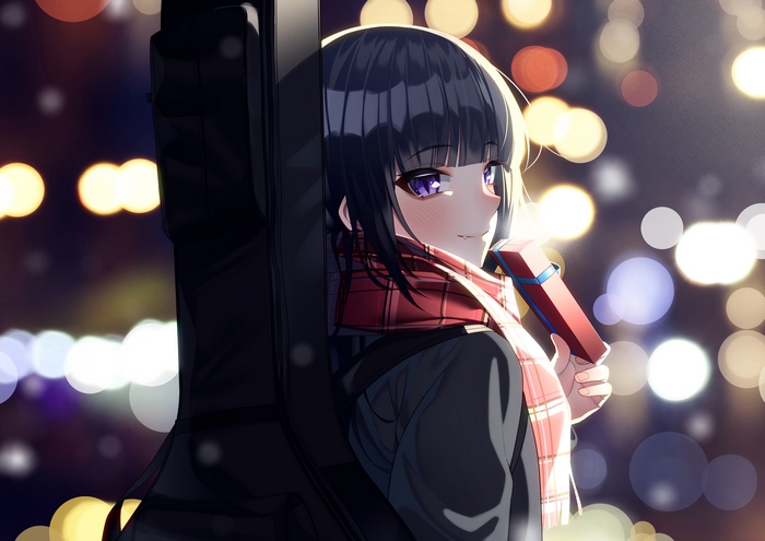 Anime girl with black hair and purple eyes holding a gift