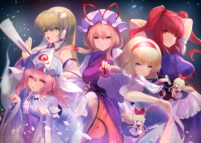 Touhou characters: Yukari Yakumo, Yuyuko Saigyouji, Sanae Kochiya, Komachi Onozuka, Alice Margatroid