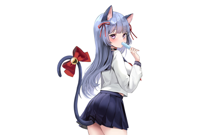 Cat Girl with Blue Hair Eating Popsicle