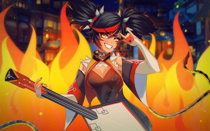 Xinyan from Genshin Impact with a guitar