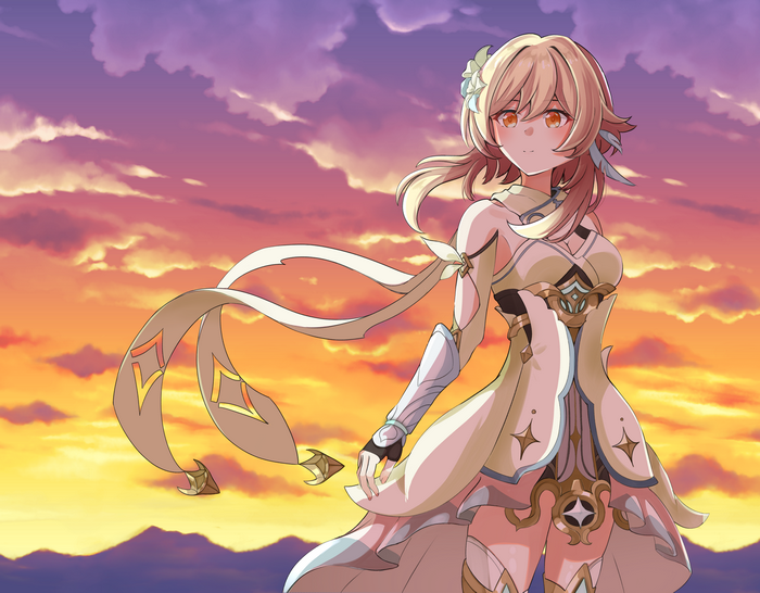 Lumine from Genshin Impact at sunset