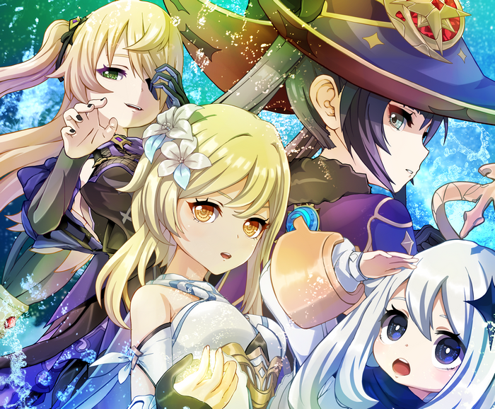 Lumine, Mona, Fischl, and Paimon from Genshin Impact