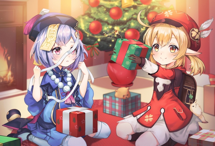 Klee and Qiqi from Genshin Impact with Christmas Gifts