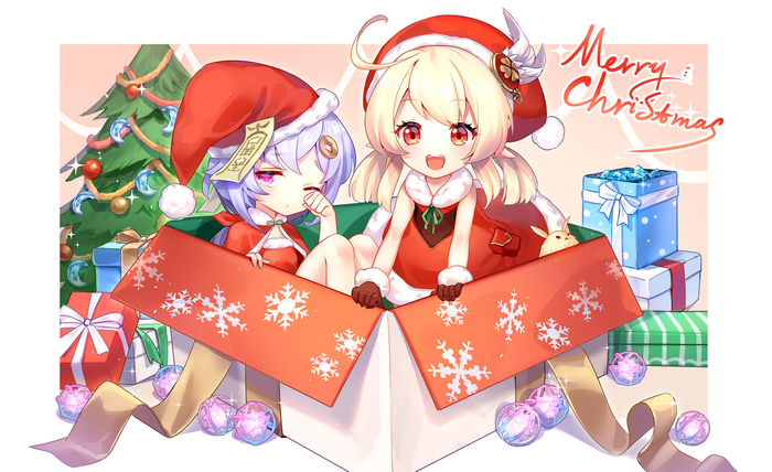 Qiqi and Klee from Genshin Impact in a Christmas gift box