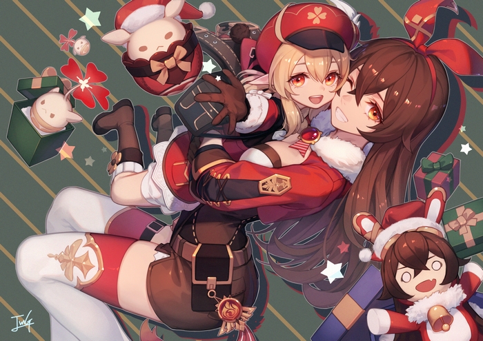 Klee and Amber from Genshin Impact in Christmas Outfits