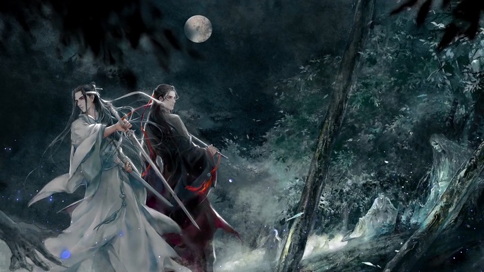 Lan Zhan and Wei Wuxian from Mo Dao Zu Shi in a forest at night