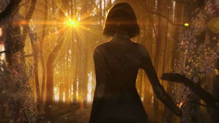 Woman walking in a sunlit forest