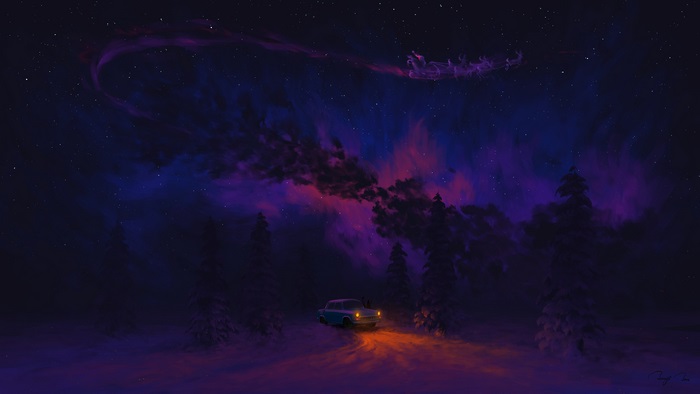 Santa's Sleigh flying over a snowy forest at night